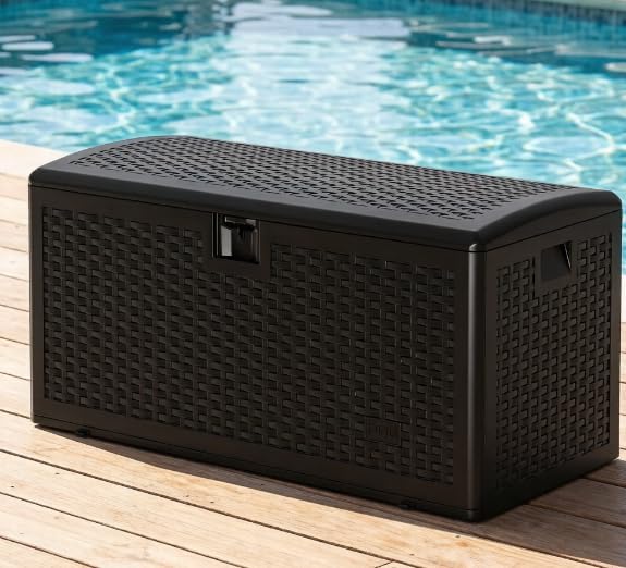 Takywep 73 Gallon Rattan Resin Outdoor Storage Deck Box, Waterproof UV Resistant Patio Storage Bench with Lockable Lid, 480 LBS Weight Capacity for Cushions Garden Tools Pool Supplies