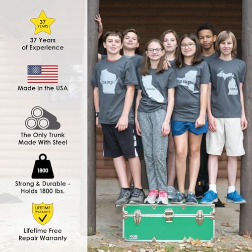C&N Footlockers - Full-Size Happy Camper Trunk - #1 Summer Camp Trunk - Made in the USA - Steel Footlocker with Lid Stay - 32 x 18 x 13.5 Inches (Royal Blue)