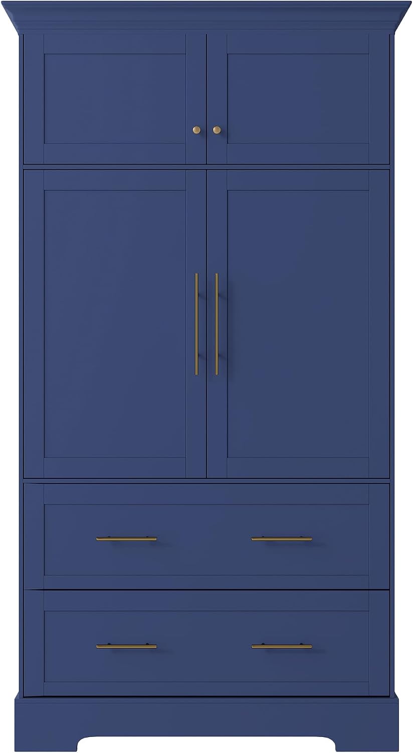 Farmhouse Freestanding Kitchen Pantry,4 Doors Dining Storage Cabinet with Pull-Out Trays, Drawers and Cake Pan Storage Organizer,for Dining Room (Blue-Q)