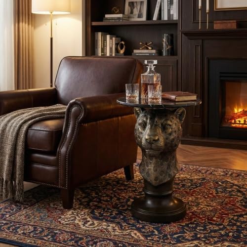 Ferand Leopard Head Accent Table with Faux Marble Top, Decorative Animal Pedestal End Table, Resin Sculpture Side Table for Living Room, Hallway, Bedroom, Luxury Statement Furniture Décor Piece