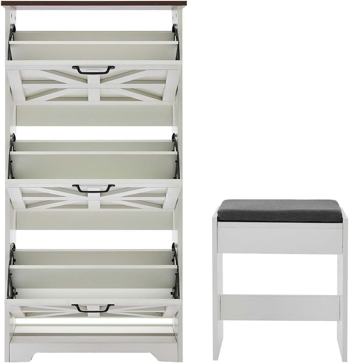 Shoe Cabinet with Bench 3-Tier Flip Drawer, Farmhouse Shoe Storage for Entryway, Wooden Shoe Organizer Cabinet, Hidden Slim Shoe Cabinet for Hallway, Living Room, White