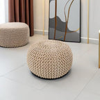 · REDEARTH · Round Pouf Ottoman - Hand Knitted Boho Poof - Beige Ivory | 100% Cotton, 18"x18"x14"; Doubles as Footstool, Foot Rest; Great for Living Room, Bedroom, Nursery, Patio, Dorm, Lounge
