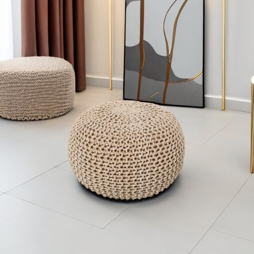 · REDEARTH · Round Pouf Ottoman - Hand Knitted Boho Poof - Beige Ivory | 100% Cotton, 18"x18"x14"; Doubles as Footstool, Foot Rest; Great for Living Room, Bedroom, Nursery, Patio, Dorm, Lounge