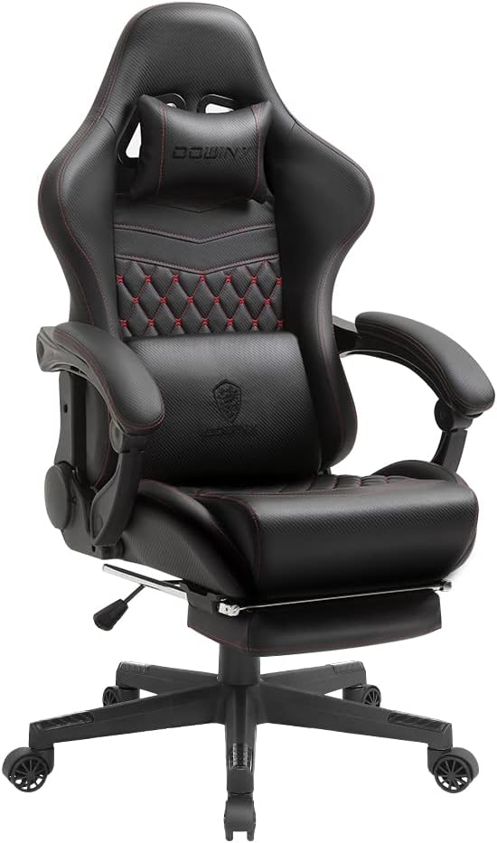 Dowinx Gaming Chair with Massage Lumbar Support, Vintage Style Office Computer Chair PU Leather E-Sports Gamer Chairs with Retractable Footrest and Headrest Black&Red
