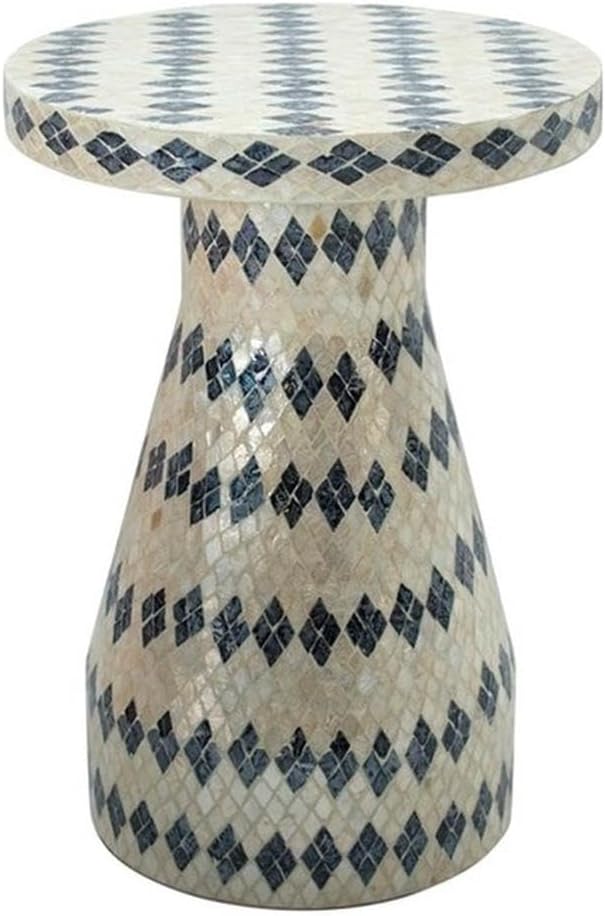 MAKLAINE Transitional Shell Side Table, Cream and Blue Checkered Design, Hand-Inlaid Natural Seashells, MDF Construction, Fully Assembled Accent Table for Living Room or Bedroom Decor