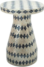 MAKLAINE Transitional Shell Side Table, Cream and Blue Checkered Design, Hand-Inlaid Natural Seashells, MDF Construction, Fully Assembled Accent Table for Living Room or Bedroom Decor