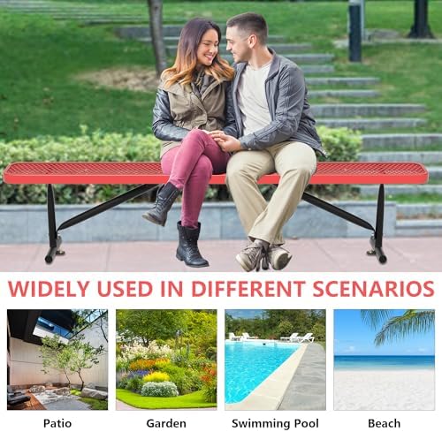 8 Feet Outdoor Steel Bench, Red Heavy Duty Metal Park Bench for Outside, Weatherproof Dock Bench, 96" L Commercial Benches Mesh Bench for Shopping Mall, Store, Lawn, Park, Patio, Deck, Garden