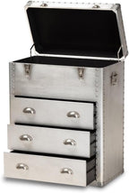 BOWERY HILL 3-Drawer Mid-Century Metal Accent Storage Chest, Silver Finish, Wood and Metal Construction, Vintage-Inspired Rivet Details, Lift-Top Compartment, Bedroom, Living Room, or Entryway Use