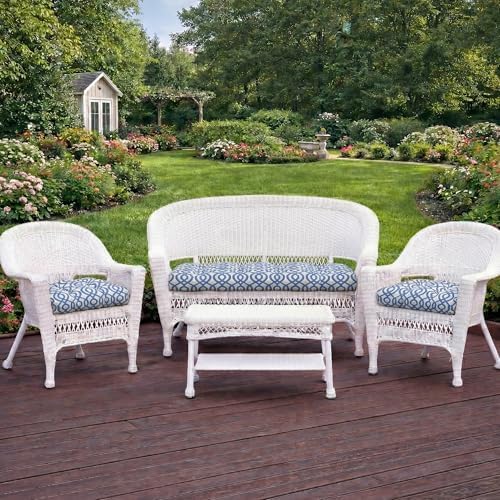 RSH DECOR: 3-Piece Wicker Tufted Cushion Set | 44” x 22" & 22" x 22" | All-Weather Spun Fabric | Water-Resistant | Outdoor Loveseat & U-Shape Cushions for Patio Furniture | Made in USA (Capilla Blue)