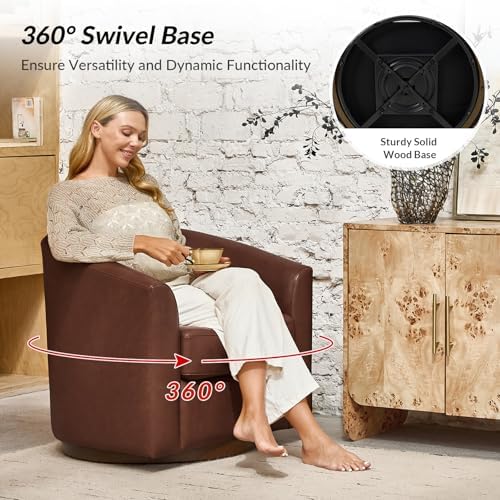 HULALA HOME Genuine Leather Swivel Barrel Chair with Solid Wood Base, Brown | Transitional Round Swivel Accent Chair with Flared Armrests, No Assembly Required, for Living Room Bedroom Reading Relaxation