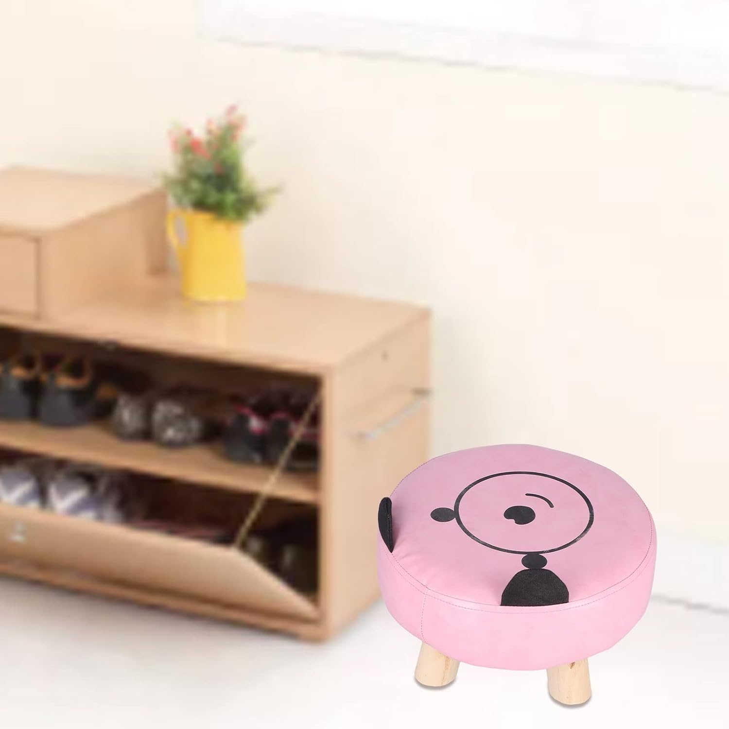 Small Under Desk Footrest Cute Cartoon Ottoman with 4 Stable Log Legs for Kids, Compact PU Leather Footstool for Home Office Dorm