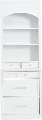 Modern 83.7inch High Kitchen Pantry, Freestanding Tall Kitchen Hutch with Faux Marble Top, Display Cupboard Cabinet with 5 Storage Drawers and Adjustable Shelf (White-073)