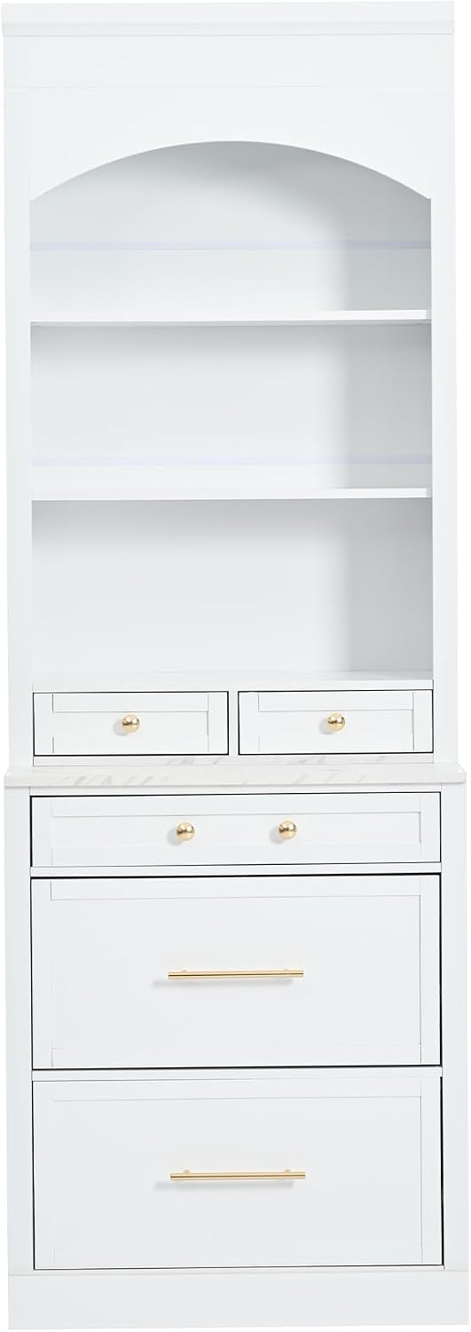 Modern 83.7inch High Kitchen Pantry, Freestanding Tall Kitchen Hutch with Faux Marble Top, Display Cupboard Cabinet with 5 Storage Drawers and Adjustable Shelf (White-073)