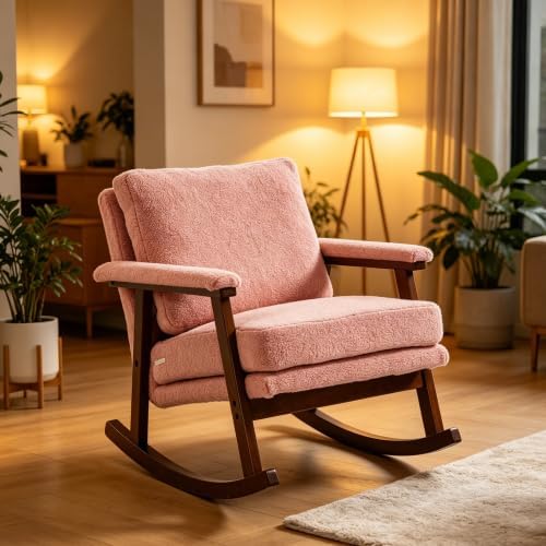 Light Pink Wood Rocking Chair, Comfy Upholstered Glider with Padded Seat, Mid Century Modern Accent Armchair for Bedroom Sunroom Nursery