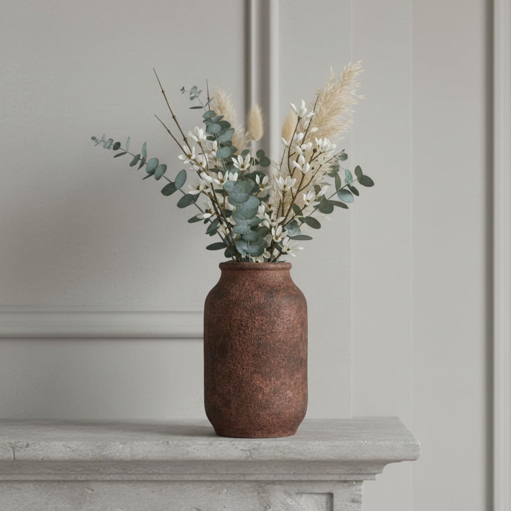 Terracotta Vase, Large Rustic Ceramic Vase, Farmhouse Decor for Living Room, Shelf, Mantle, Entryway, Room Decor, 9 Inch, Brown