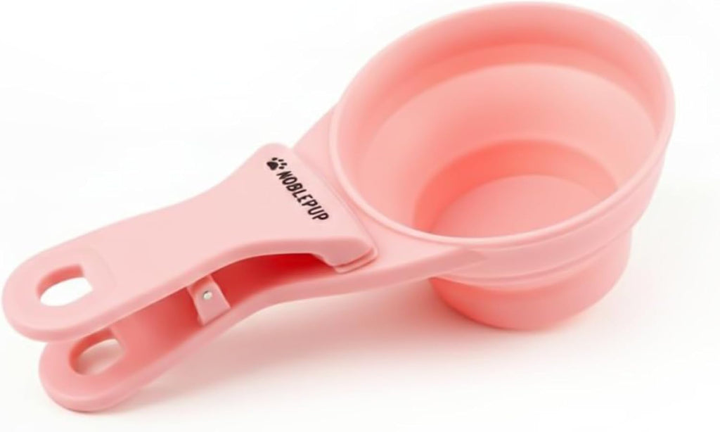 MeasureMate Pet Food Scoops with Bag Clip for Dog and Cat - 3-in-1 Multi-Function Collapsible Food Measuring Cup - 1/2 Cup Capacity, 4oz, Pink - Dishwasher Safe