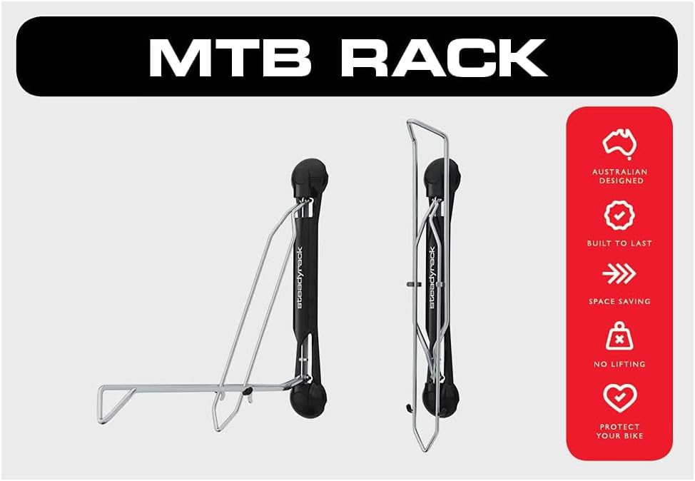 Steadyrack Bike Rack – Pivoting Mountain Bike Rack, Holds Up to 77 lbs, Fits 24"-29" Wheels, 2.1"-2.8" Tires, Foldable Wall Mount for Space-Saving Bicycle Storage