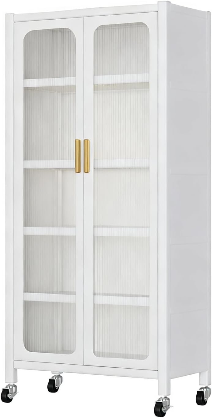 65" Kitchen Pantry Storage Cabinet 6 Tier Metal Display Storage Cabinet With Transparent Door Adjustable Shelves & Wheels Versatile Storage Food Upright Cabinets For Kitchen Dining Room White