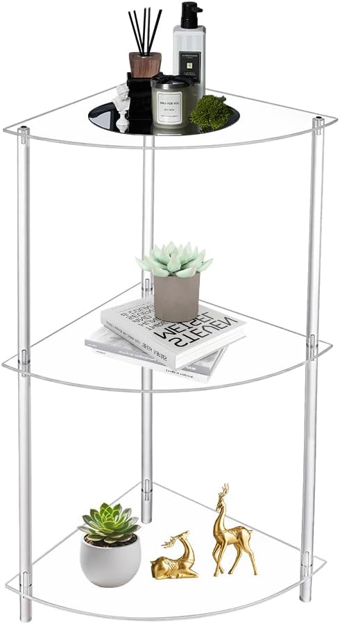 AHANDMAKER Clear Acrylic Corner Table 11.61in L x 11.61in W x 25.59" H Fan Shape Modern Side Table Lightweight Shelf Organizer for Living Room Bedroom Office Dorm Room Home Decor