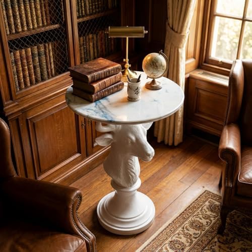 Modern Accent TableLiving Room White Deer Statue Contemporary‌ Faux Marble Night Stand Side Table with White Deer Base Reception Area & Bedroom（Width 19.69" ——Tall 25.59"）