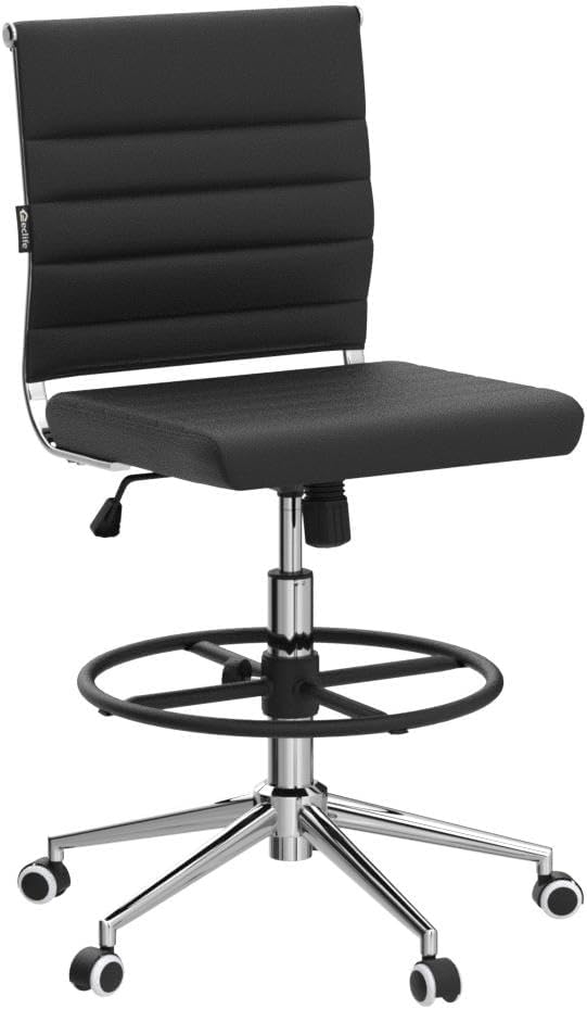 Okeysen Drafting Chair Armless Desk Stool, 400 LBS Ergonomic Leather Tall Office Chair with Adjustable Foot Ring, Modern Standing Desk Chair with Ribbed Mid Back, Swivel Rolling Drafting Stool.
