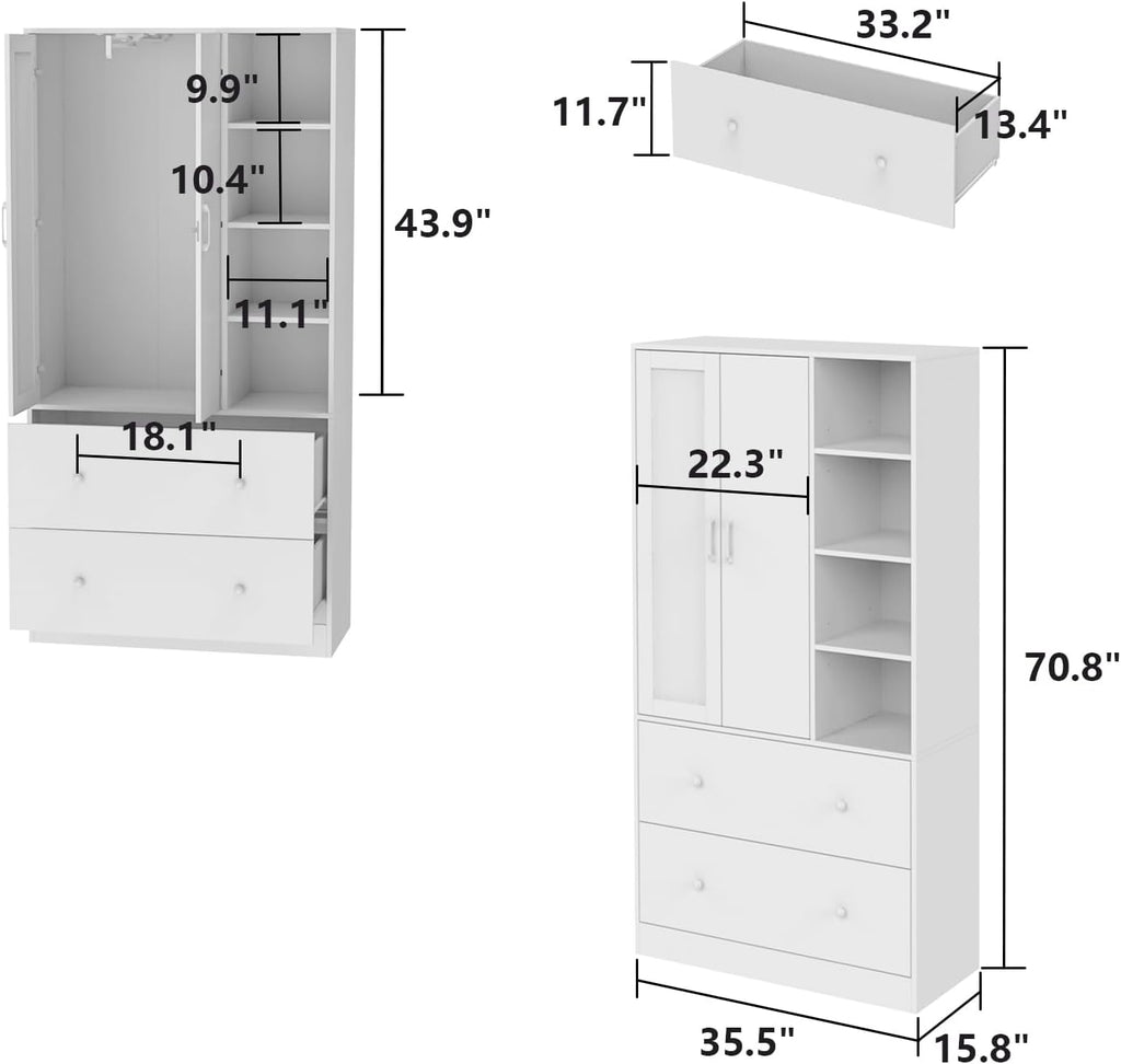 Wardrobe Armoire Closet with Mirror, 2 Door Wardrobe Cabinet with 2 Drawer & Extendable Hanging Rod, Bedroom Armoire Cabinet Clothing Organizer, Type A White (35.5" W x 15.8" D x 70.8" H)