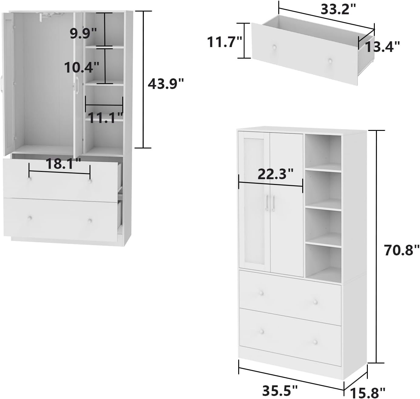 Wardrobe Armoire Closet with Mirror, 2 Door Wardrobe Cabinet with 2 Drawer & Extendable Hanging Rod, Bedroom Armoire Cabinet Clothing Organizer, Type A White (35.5" W x 15.8" D x 70.8" H)