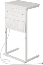 HOOBRO C Shaped End Table with Charging Station, 28" H Couch Side Table Slide Under, Sofa Arm Tray Table with Storage Bag for Living Room, Recliner, White WW70USF01
