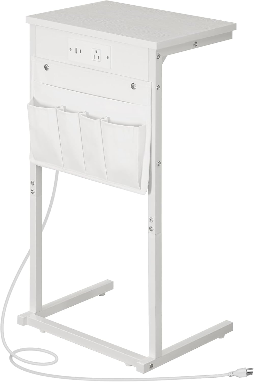 HOOBRO C Shaped End Table with Charging Station, 28" H Couch Side Table Slide Under, Sofa Arm Tray Table with Storage Bag for Living Room, Recliner, White WW70USF01