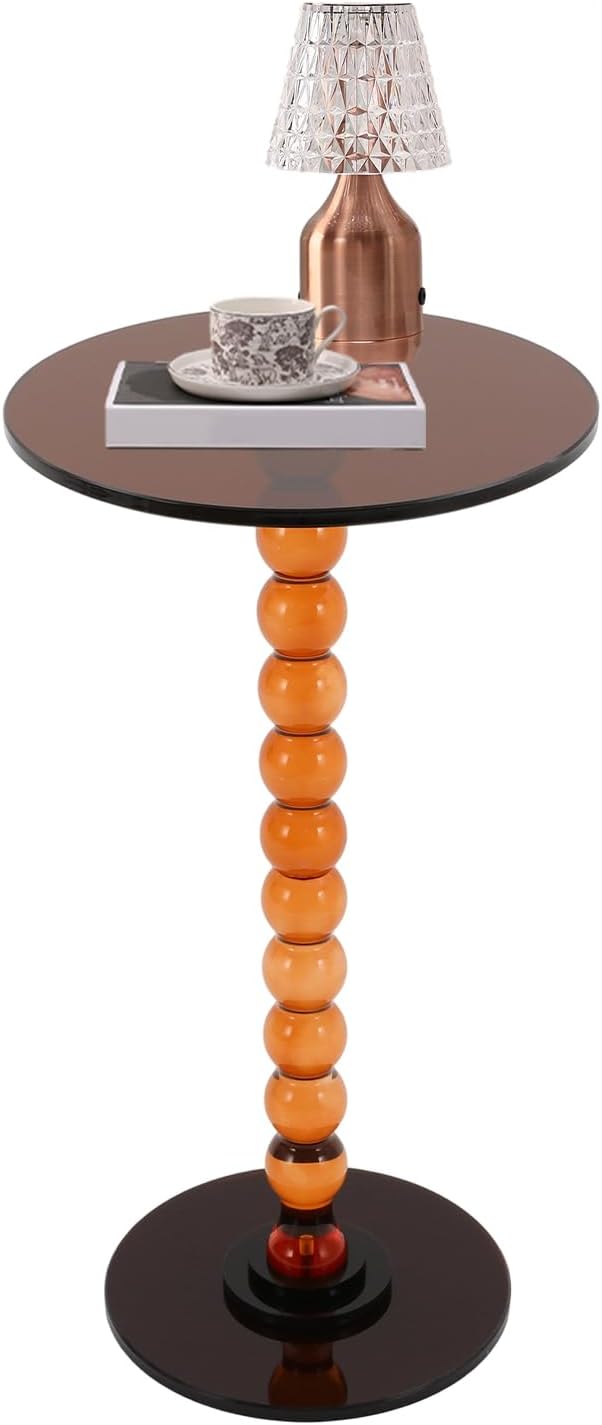 Acrylic End Table, Round Top with Solid Post, Outdoor Side Tables & Drink Tables, Small Space Accent Table for Living Room Bedroom Sofa, Easy Assembly, Brown