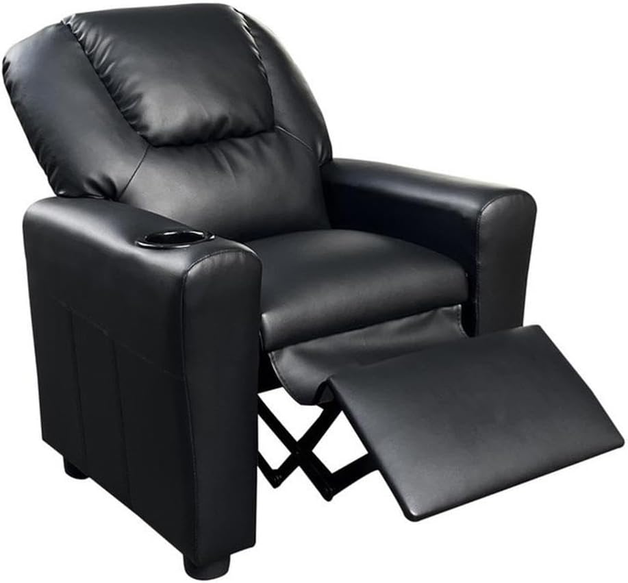 Lilola Home Marisa Kids Recliner Chair with Cup Holder, Black PU Leather Youth Reclining Chair, Child Recliner for Boys and Girls, Bedroom, Playroom, Nursery Seating, Water Resistant, Ages 1–5