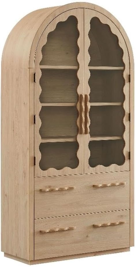 Modway Rory 76 Inch Arched Kitchen Pantry Cabinet with Glass Doors in Light Oak - Vintage Retro Accent Display Stand for Dining Room, Living Room, Hallway