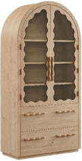 Modway Rory 76 Inch Arched Kitchen Pantry Cabinet with Glass Doors in Light Oak - Vintage Retro Accent Display Stand for Dining Room, Living Room, Hallway