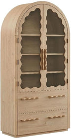 Modway Rory 76 Inch Arched Kitchen Pantry Cabinet with Glass Doors in Light Oak - Vintage Retro Accent Display Stand for Dining Room, Living Room, Hallway