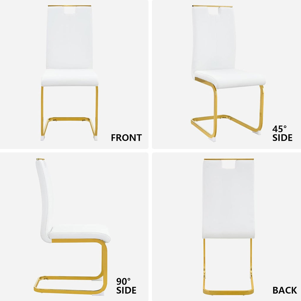 cinkehome Set of 6 Modern Dining Chairs, High Back PU Faux Leather Upholstered Armless Chair with Metal Legs for Kitchen Dining Room Living Room (White with Gold Legs)