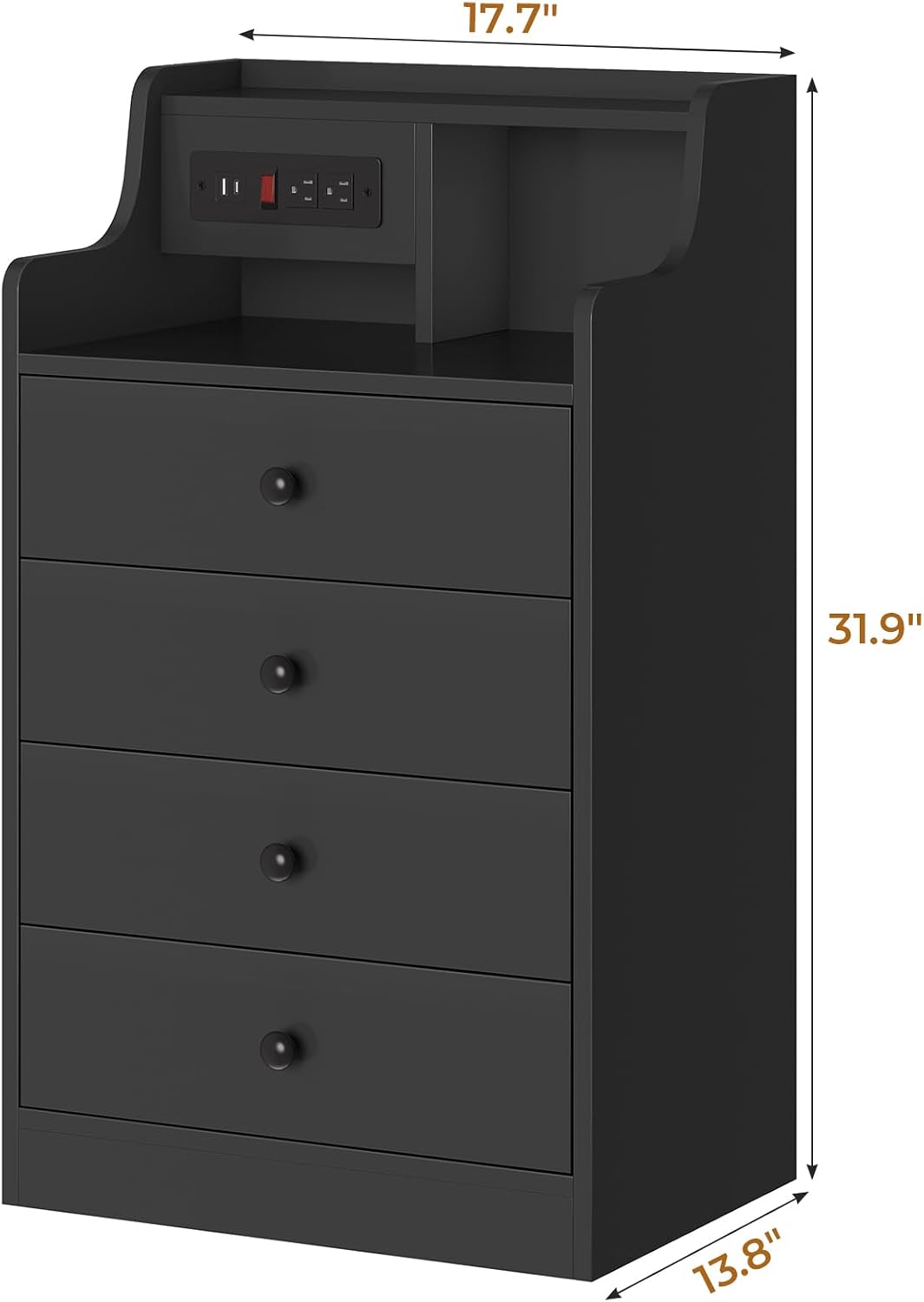 ADORNEVE Nightstand with Charging Station & Hutch,Black | Tall Bedside Table with 4 Drawers,Charging Night Table,Night Stand for Bedroom,Bed Side Tables