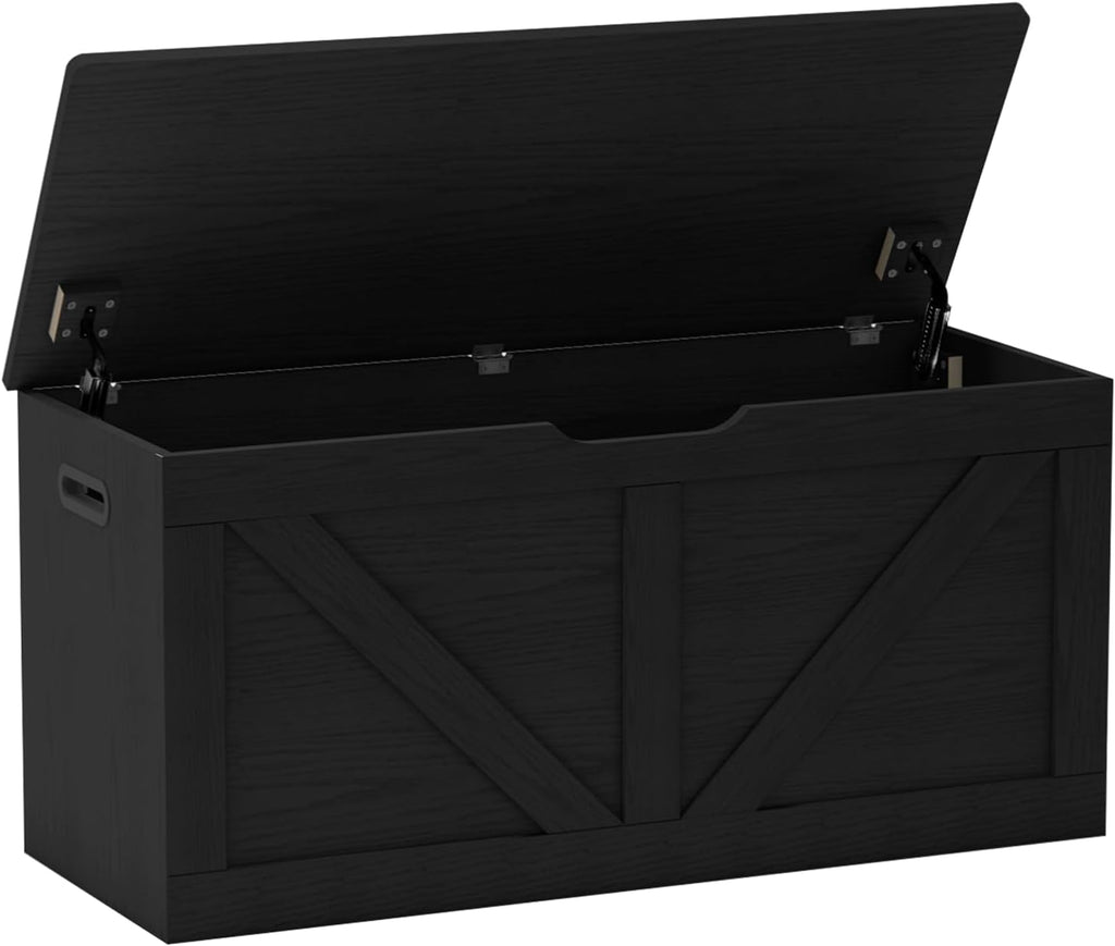 Timberer 39.4" Storage Chest, Wooden Storage Bench, Large Storage Trunk with 2 Safety Hinges, Entryway Shoes Bench for Living Room, Bedroom, Black