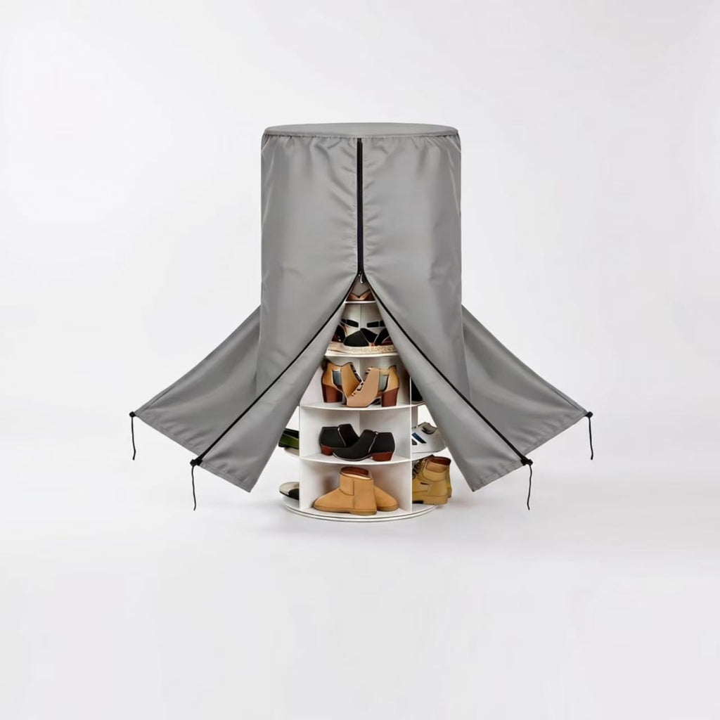 Rotating Shoe Rack Tower Cover, 420D Heavy Duty Oxford Fabric, Waterproof, Grey, 25" Dia x 63" H, with Side Zippers, for Walk-in Closet