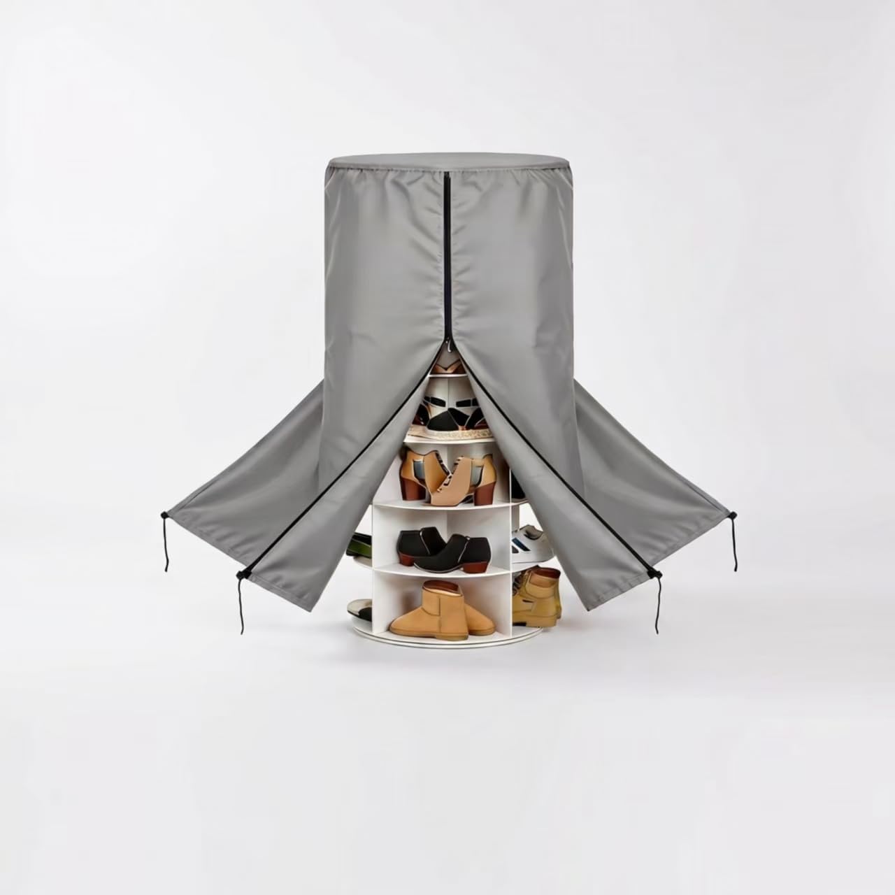 Rotating Shoe Rack Tower Cover, 420D Heavy Duty Oxford Fabric, Waterproof, Grey, 25" Dia x 63" H, with Side Zippers, for Walk-in Closet