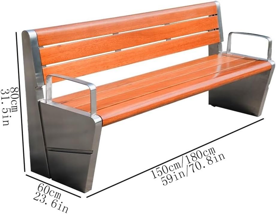 Garden Outdoor Park Backrest Chair, Stainless Steel Frame Wooden Bench, Garden Patio Leisure Seating Seat(Small)