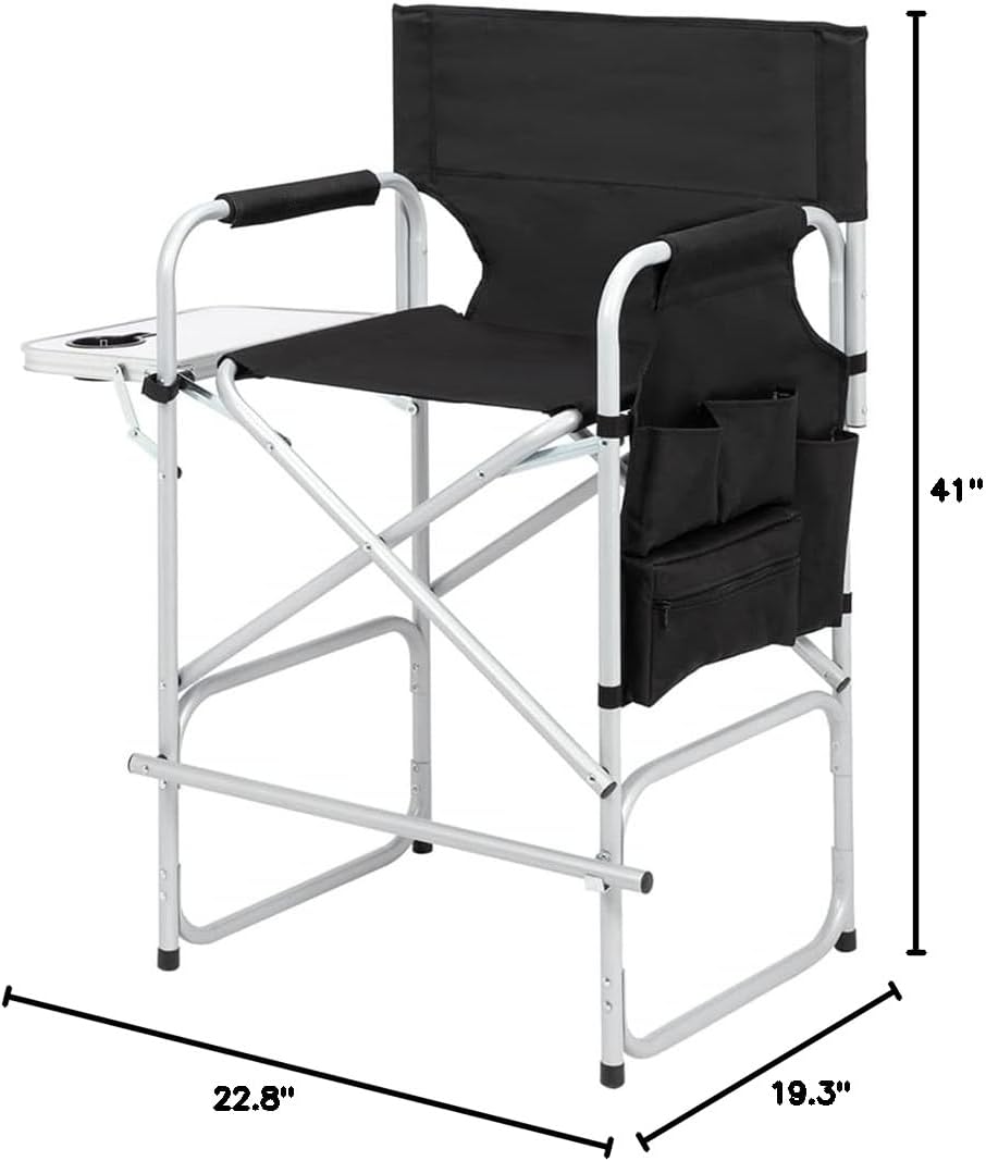 Tall Directors Chair, Portable Makeup Artist Chair with Side Table, Cup Holder, Storage Bag and Footrest, 41'' Seat Height Folding Camping Chairs for Tailgating Camp Lawn Picnic Fishing Beach