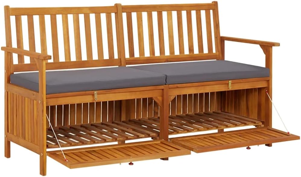 Solid Acacia Wood Storage Bench with Cushion, Large Rectangular Outdoor Patio Furniture for Seating and Hidden Compartments, Weather Resistant Modern Design, 3-Person