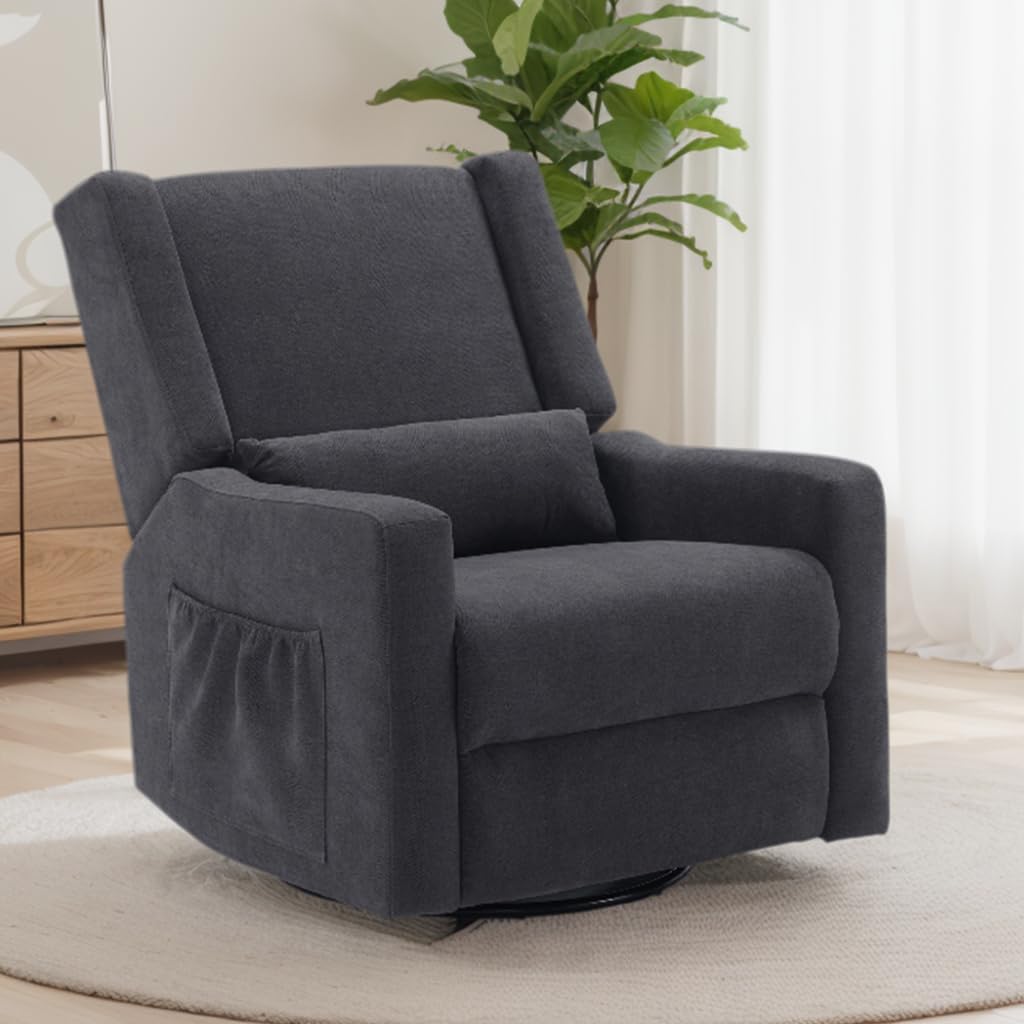 Tbfit 32" Nursery Rocking Chair, 360° Swivel Recliner Chair with Lumbar Support for Bedroom, Comfy Upholstered Armchair with Pillows & Footrest for Living Room & Baby Room