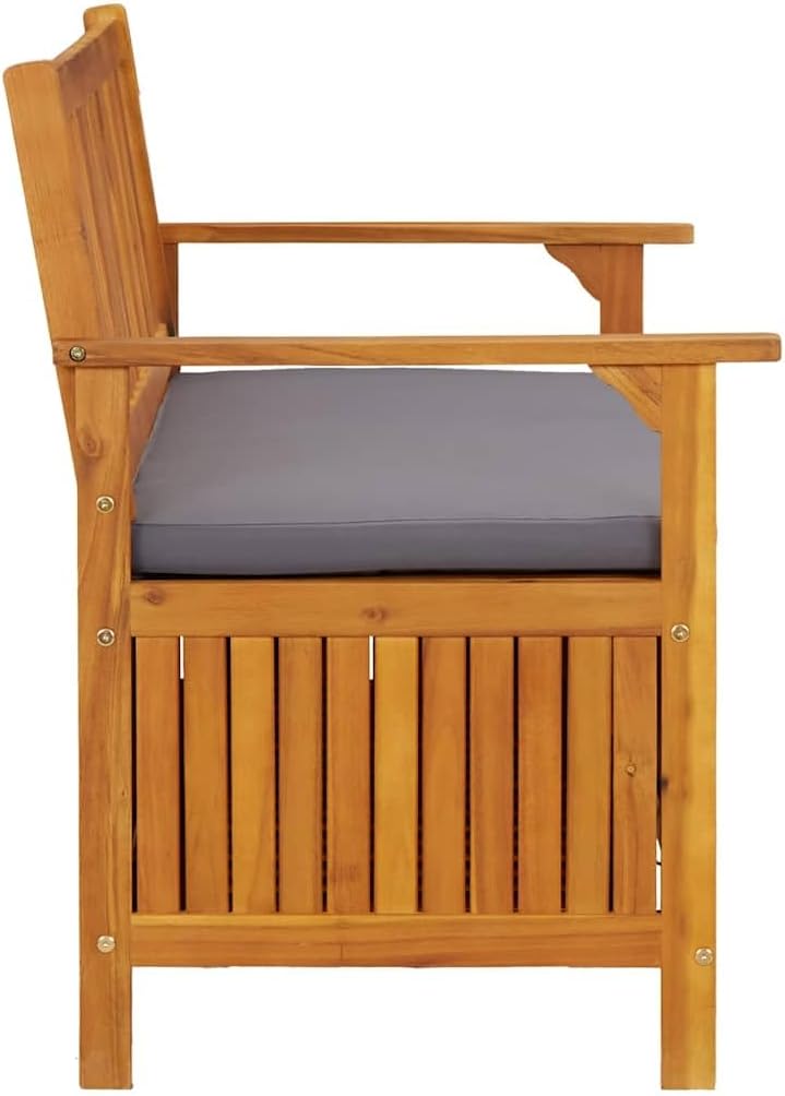 Solid Acacia Wood Patio Storage Bench with Cushion, 47.2 Inch Outdoor Garden Bench with Armrests and Backrest, Large Storage Compartment