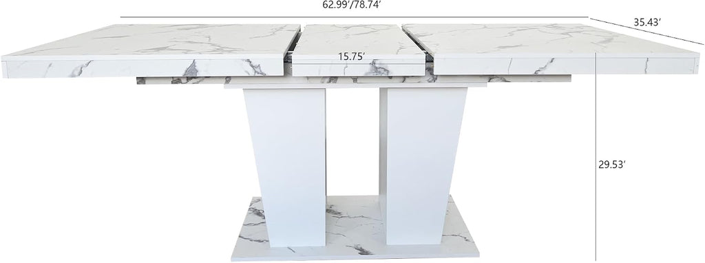 78.74" Extendable Dining Room Table for 6-10 Modern Faux Marble Wooden Expandable Kitchen Table Pedestal Base,Large Rectangle Dining Table,White