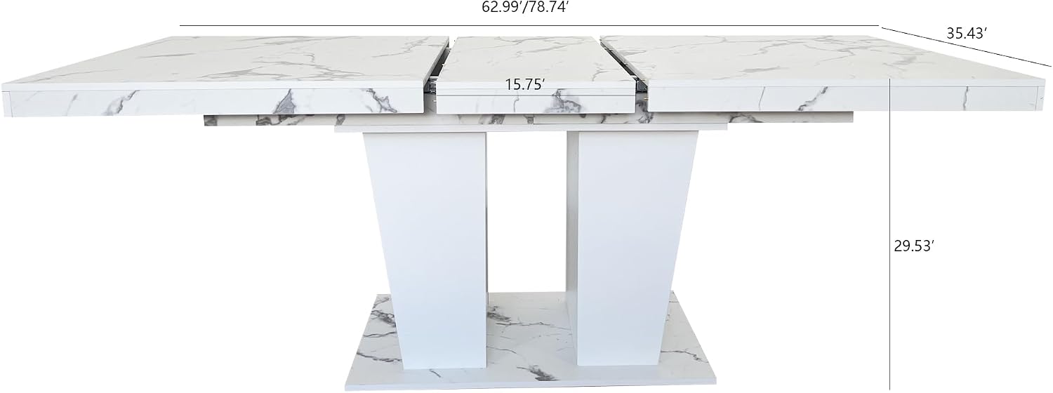 78.74" Extendable Dining Room Table for 6-10 Modern Faux Marble Wooden Expandable Kitchen Table Pedestal Base,Large Rectangle Dining Table,White