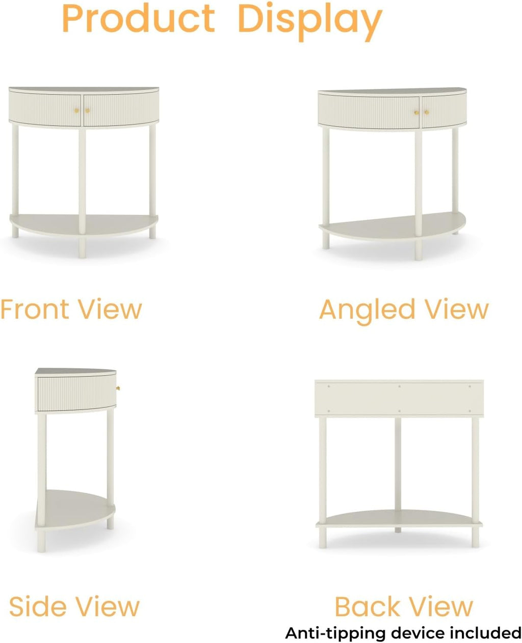Artisan-Crafted Wave-Pattern Demi-Lune Console Table with Creamy White Finish,Unique Half Moon Design End Table with 2 Storage Drawers and Bottom Shelf for Living Room, Bedroom, Study, Hallway