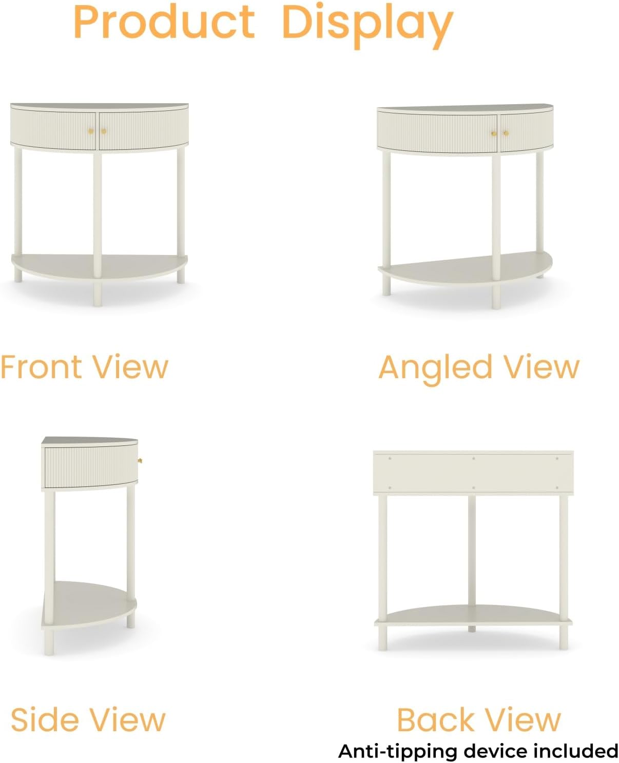 Artisan-Crafted Wave-Pattern Demi-Lune Console Table with Creamy White Finish,Unique Half Moon Design End Table with 2 Storage Drawers and Bottom Shelf for Living Room, Bedroom, Study, Hallway