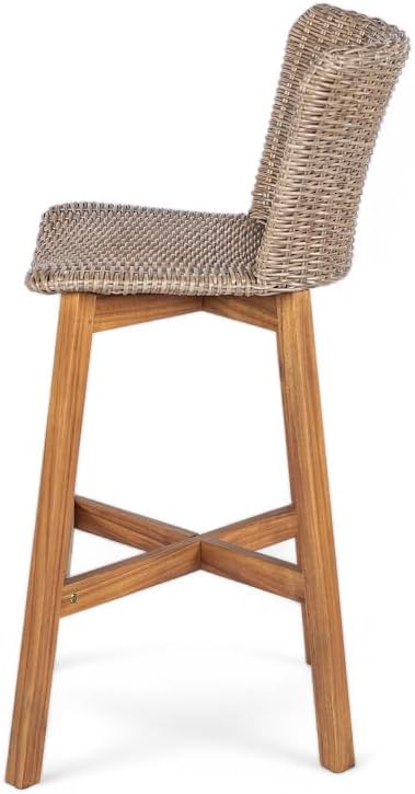 Saiveina Lymington Outdoor Bar Stool, Teak Finished Wood with Light Brown Wicker, Set of 2