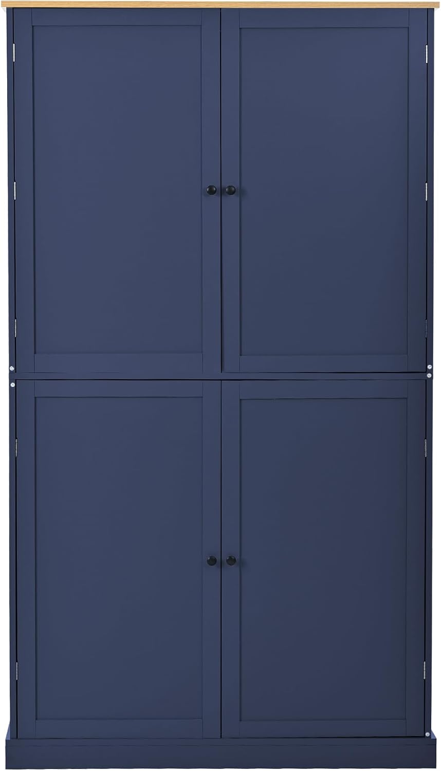 High Freestanding Kitchen Pantry Large Cupboard Storage Cabinet with 2 Drawers, 2 Adjustable Shelves, 8 Door Shelves for Kitchen, Dining Room (Blue/Large)